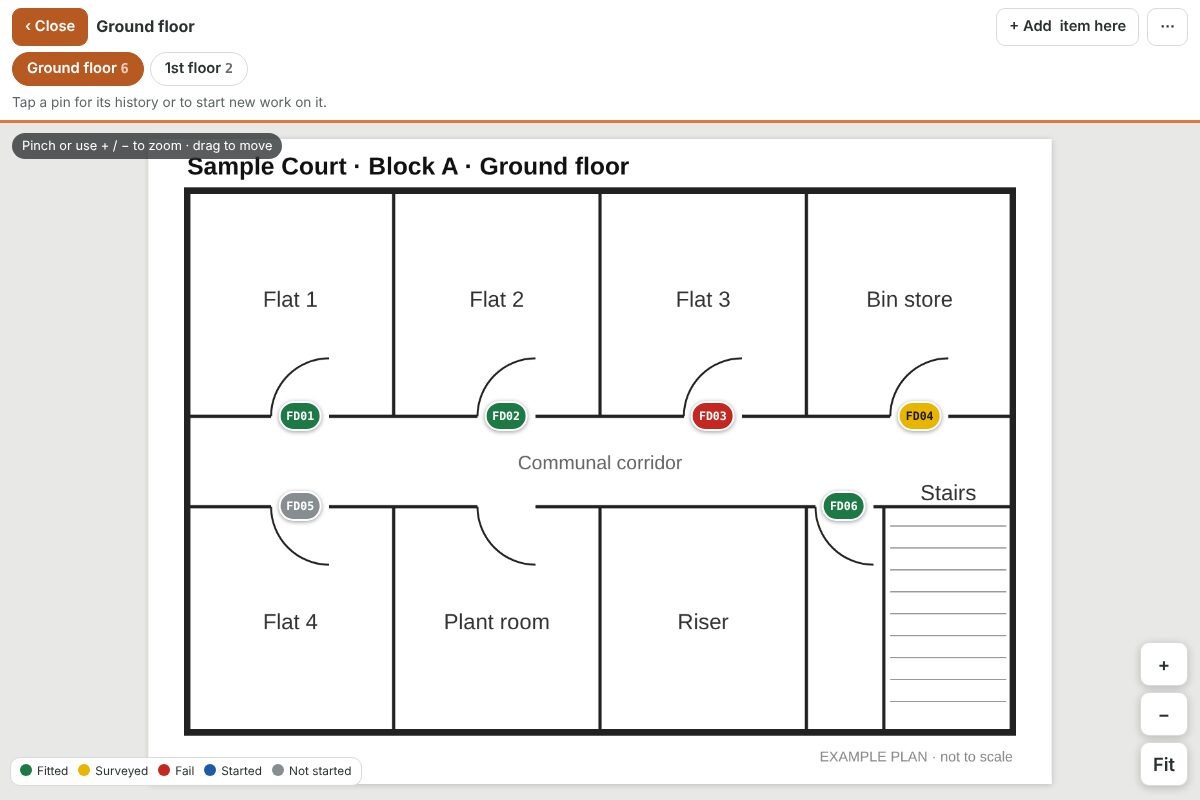 A building plan in Holdline with coloured pins showing each door's status